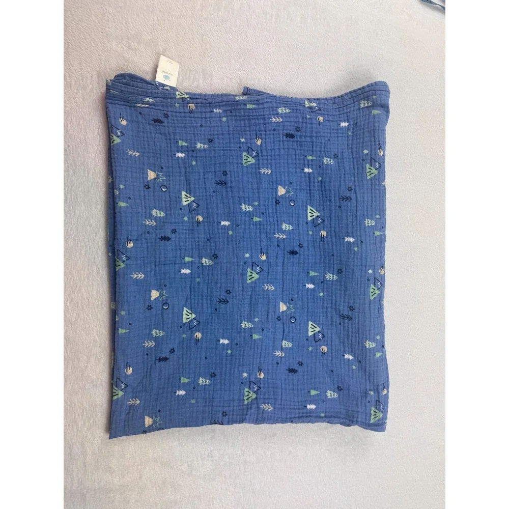 Cloud Island Blue Muslin Swaddle Blanket Camping Mountain Print 100% Cotton